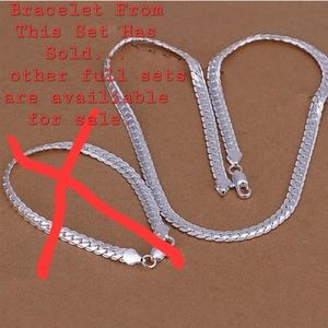 NWT 925 Stamped Sterling Silver Plated Flat 6mm. Necklace & Matching BraceletSet